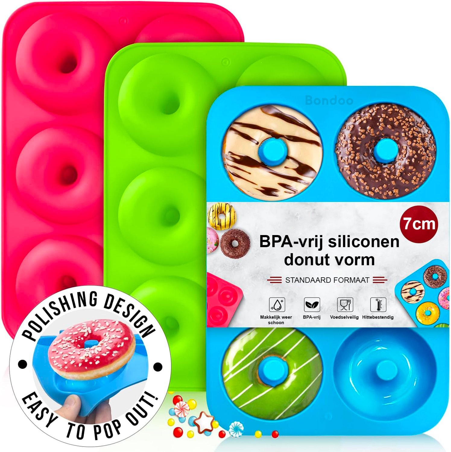 Bondoo Donut bakvorm - set van 3 - donut maker - donutvorm - donut uitsteekvorm - donut uitsteker - donutvorm siliconen - geschikt voor in de oven