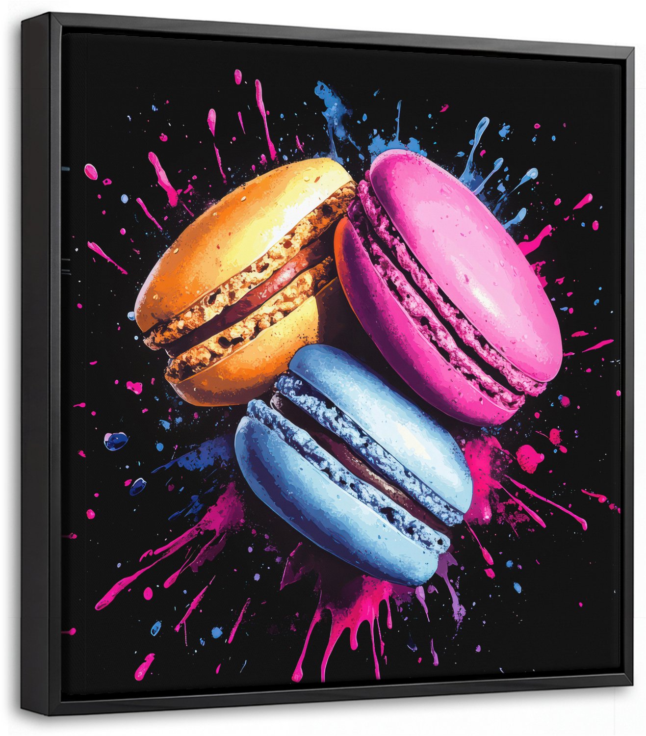 Canvas Schilderij met Baklijst 20x20cm - Macarons - Dessert - Graffiti - Kleurrijk - Roze - Blauw - Geel - Muurdecoratie woonkamer - Slaapkamer decoratie - Kamer accessoires - Schilderijen op canvas met lijst