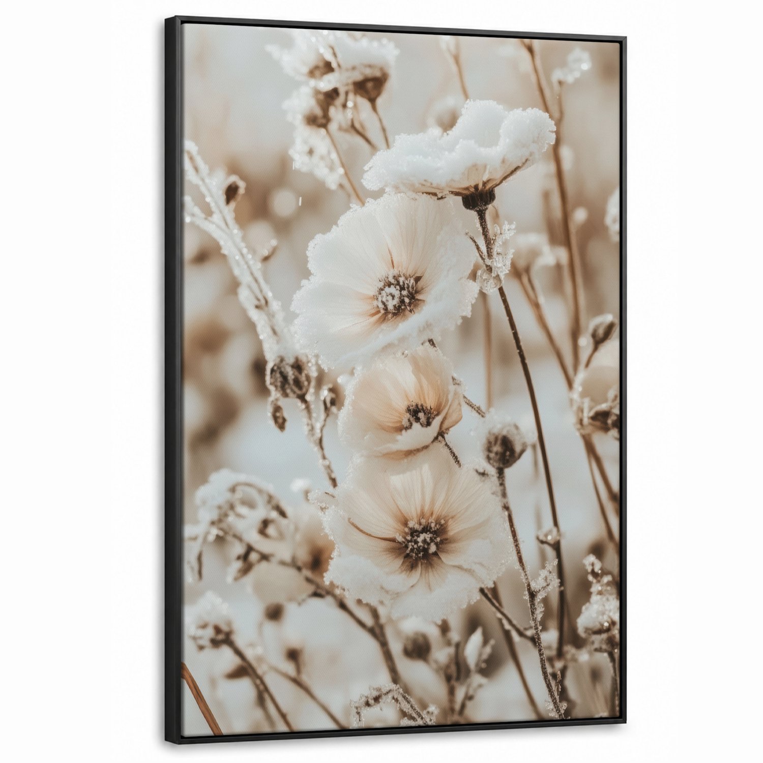 Canvas Schilderij met Baklijst XXL Canvas Schilderij met Baklijst 90x140cm - Bloemen - Winter - Wit - Sneeuw - Beige - Muurdecoratie woonkamer - Slaapkamer decoratie - Kamer accessoires - Schilderijen op canvas met lijst groot