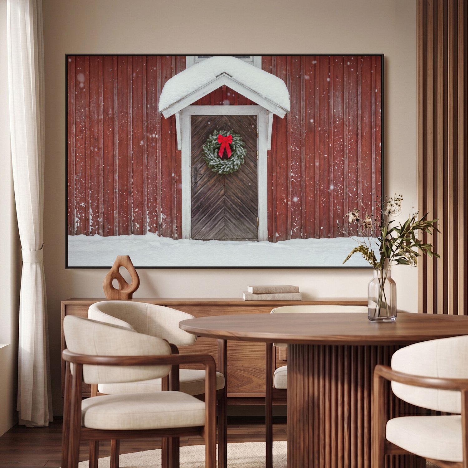 Canvas Schilderij met Baklijst XXL Canvas Schilderij met Baklijst 140x90cm - Deur - Kerstkrans - Winter - Muurdecoratie woonkamer - Slaapkamer decoratie - Kamer accessoires - Schilderijen op canvas met lijst groot – foto 2