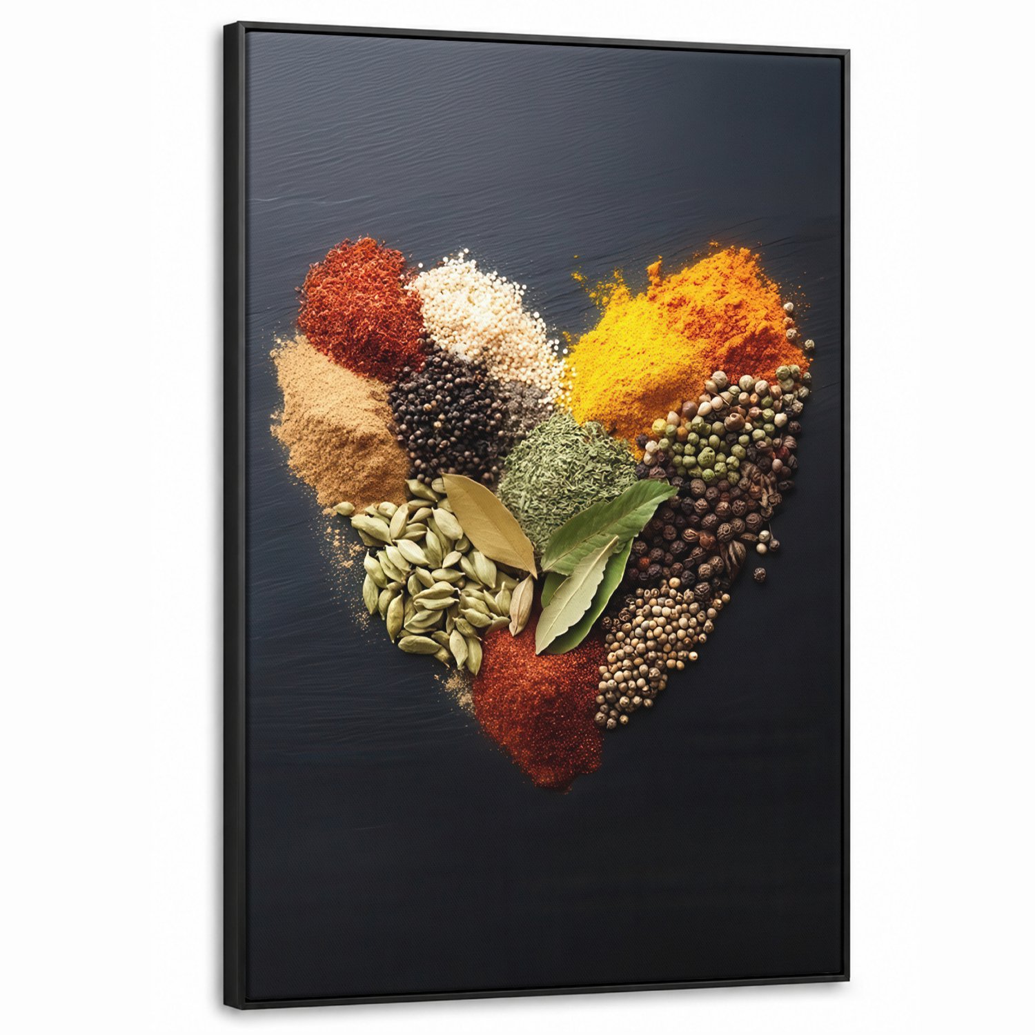 Canvas Schilderij met Baklijst XXL Canvas Schilderij met Baklijst 90x140cm - Specerijen - Mix - Hartvorm - Zwart - Muurdecoratie woonkamer - Slaapkamer decoratie - Kamer accessoires - Schilderijen op canvas met lijst groot