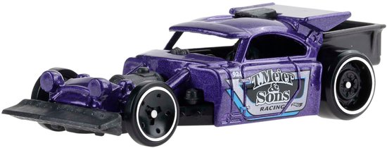 Paarse Hot Wheels auto met 'T. Meier & Sons Racing'-opschrift en een zwarte achterspoiler.
