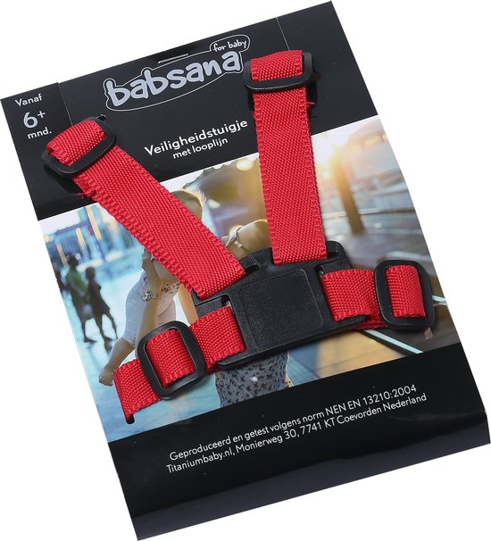 Rood Babsana veiligheidstuigje met looplijn op verpakking, geschikt vanaf 6 maanden.