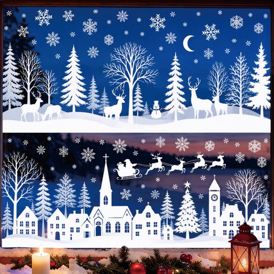 Raamsticker Kerst - Wit - Winterdorp met Sneeuwvlokken | bol