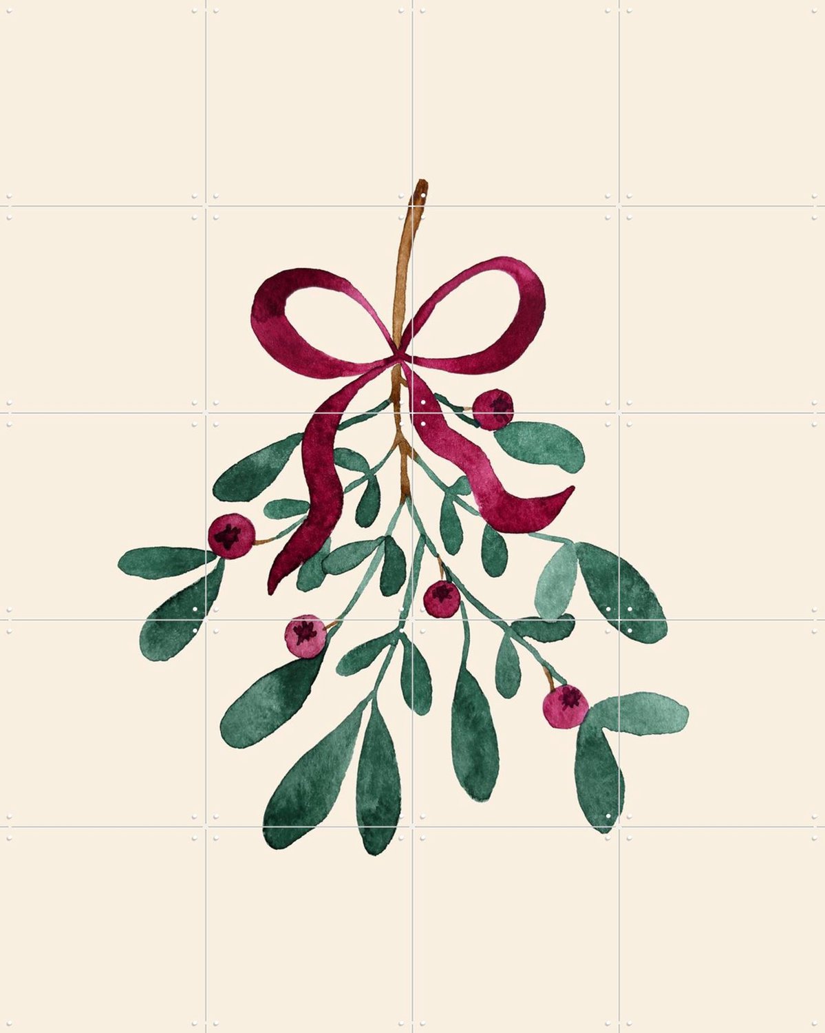 IXXI Winter Berry Mistletoe, Palmartprints - 80 x 100 cm - Grote wanddecoratie en posters - Illustraties, Aquarel, Trap, Woonkamer, Gang, Kerst Beige