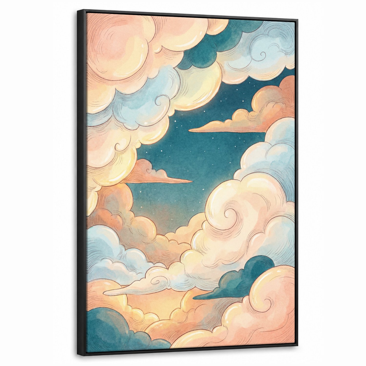 Canvas Schilderij met Baklijst 60x90cm - Wolk - Lucht - Natuur - Illustratief - Oranje - Muurdecoratie woonkamer - Slaapkamer decoratie - Kamer accessoires - Schilderijen op canvas met lijst