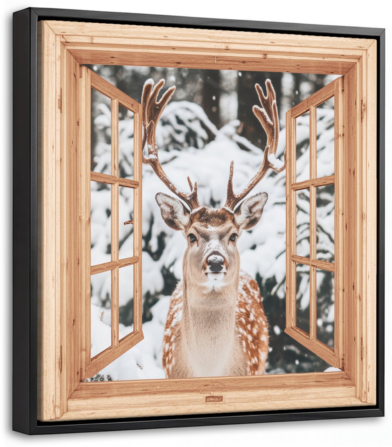 Canvas Schilderij met Baklijst 20x20cm - Doorkijk - Hert - Sneeuw - Winter - Bos - Dieren - Muurdecoratie woonkamer - Slaapkamer decoratie - Kamer accessoires - Schilderijen op canvas met lijst