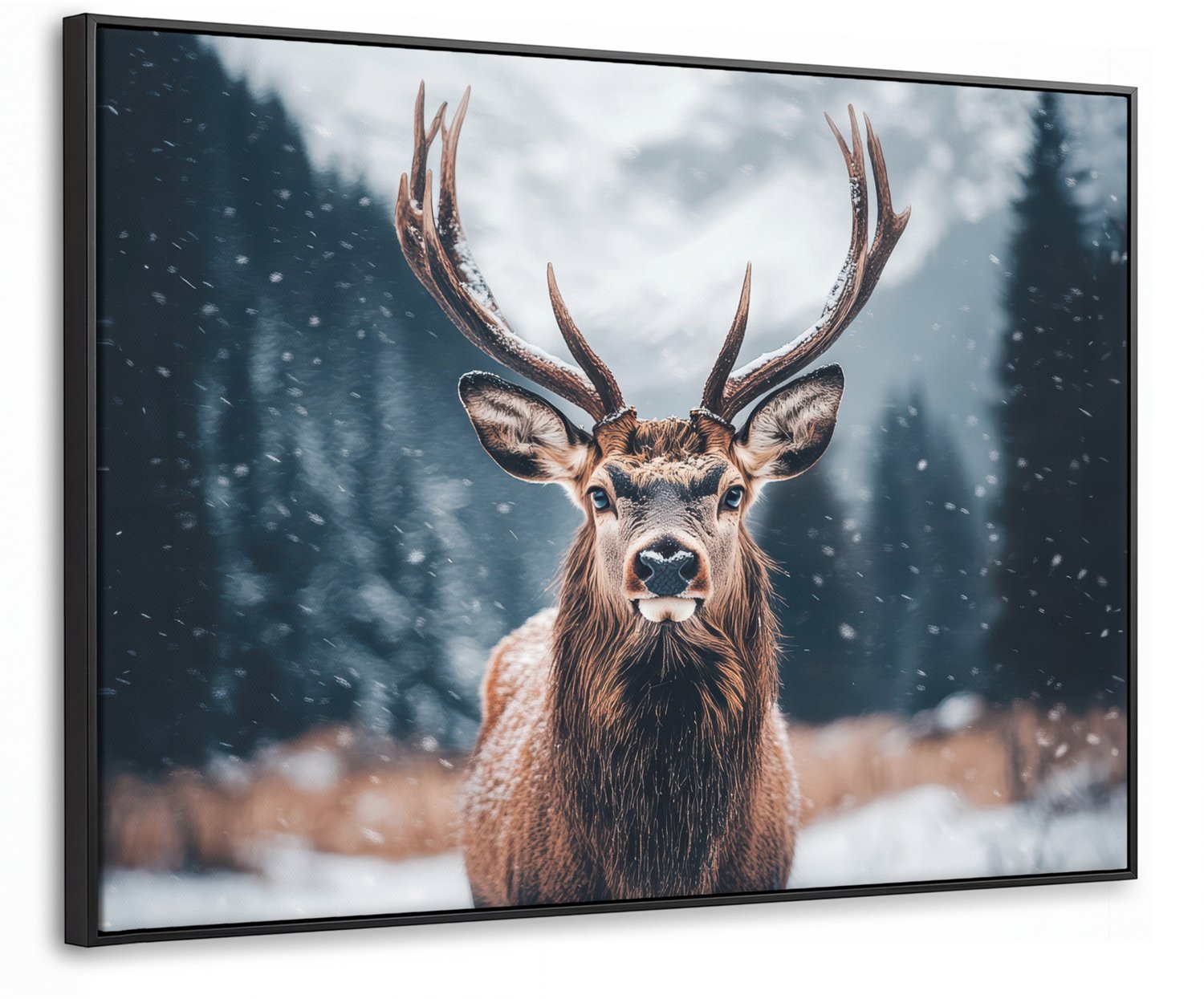 Canvas Schilderij met Baklijst 100x70cm - Hert - Dieren - Landschap - Winter - Sneeuw - Muurdecoratie woonkamer - Slaapkamer decoratie - Kamer accessoires - Schilderijen op canvas met lijst