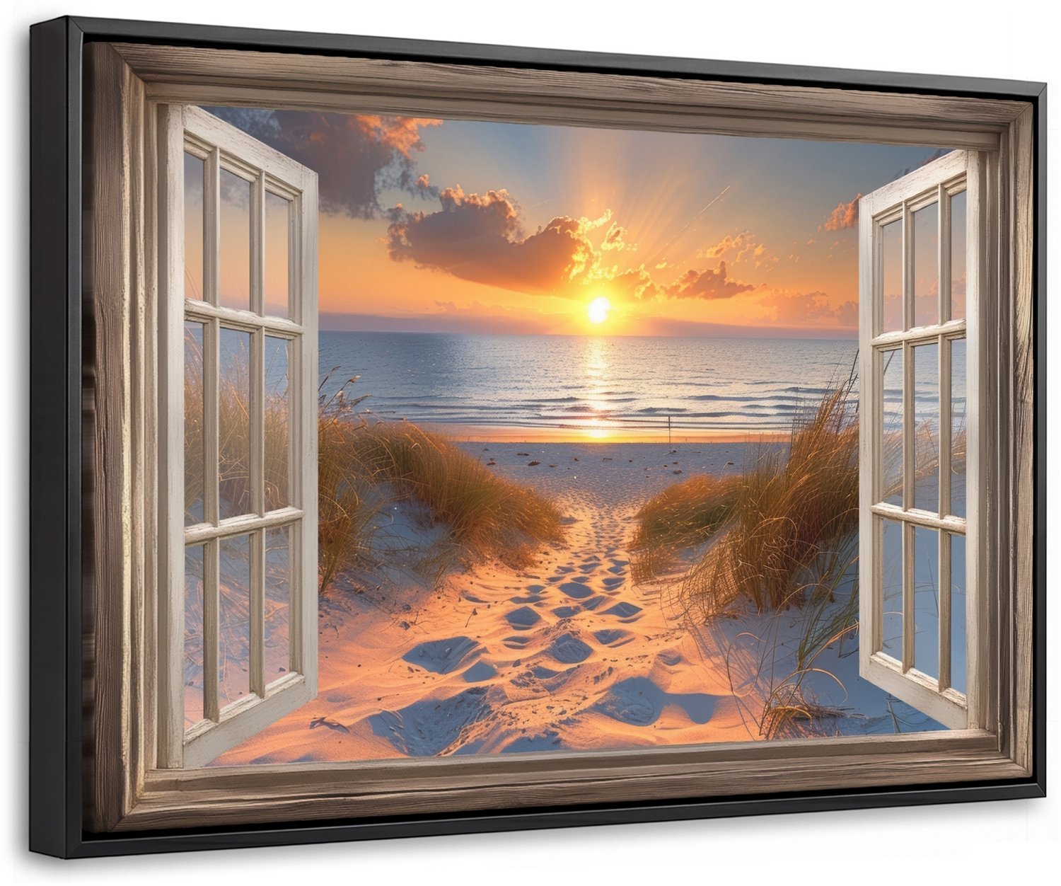 Canvas Schilderij met Baklijst 30x20cm - Doorkijk - Strand - Duinen - Zonsondergang - Muurdecoratie woonkamer - Slaapkamer decoratie - Kamer accessoires - Schilderijen op canvas met lijst