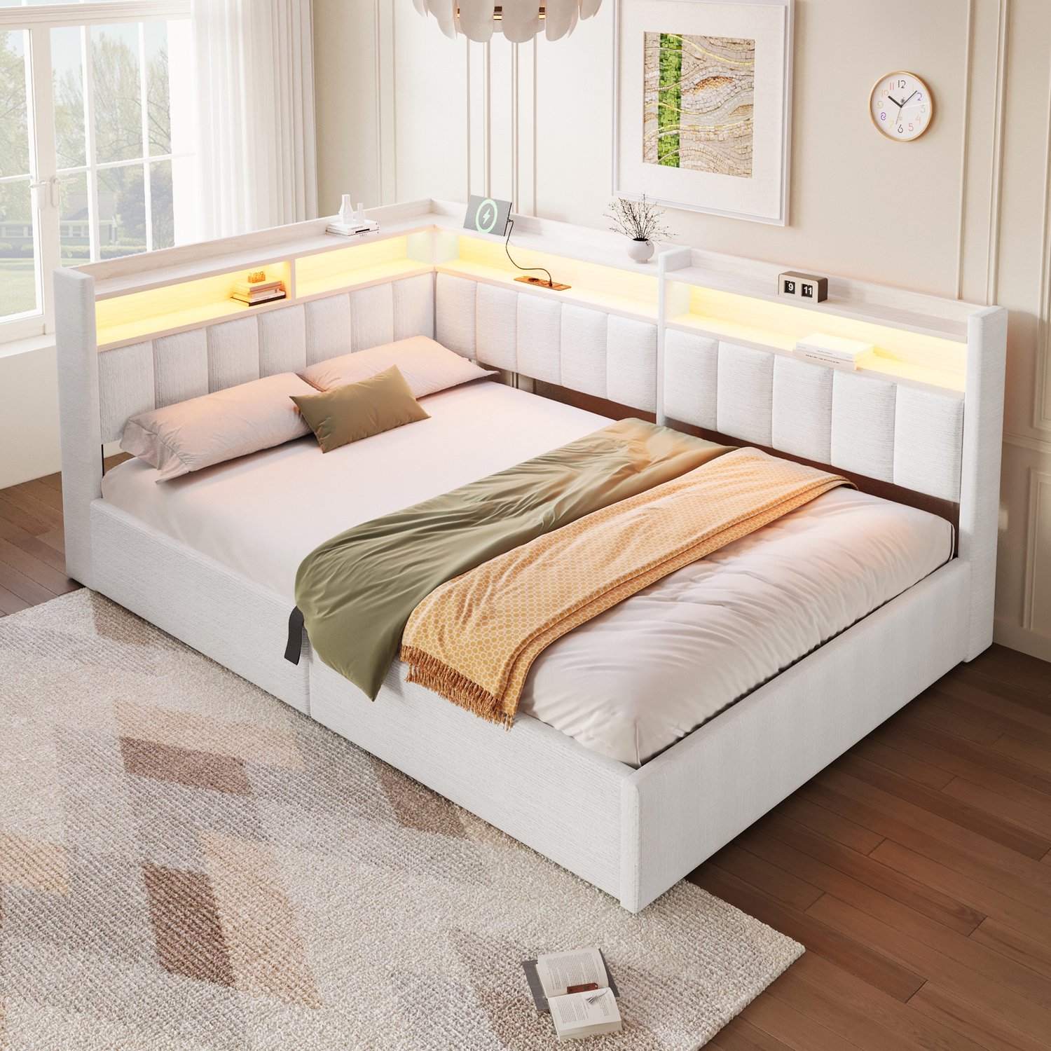 Zubaliya Bedframe - 140 x 200 cm - Gebroken wit - MDF, fluweel - Hydraulische opbergruimte - LED-verlichting - USB-aansluiting