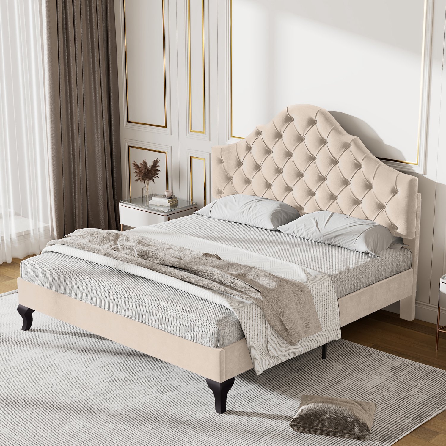 Clruro Tweepersoonsbed - 140x190 cm - Verstelbaar Hoofdbord - Houten Lattenbodem - Velvet - Beige Wit