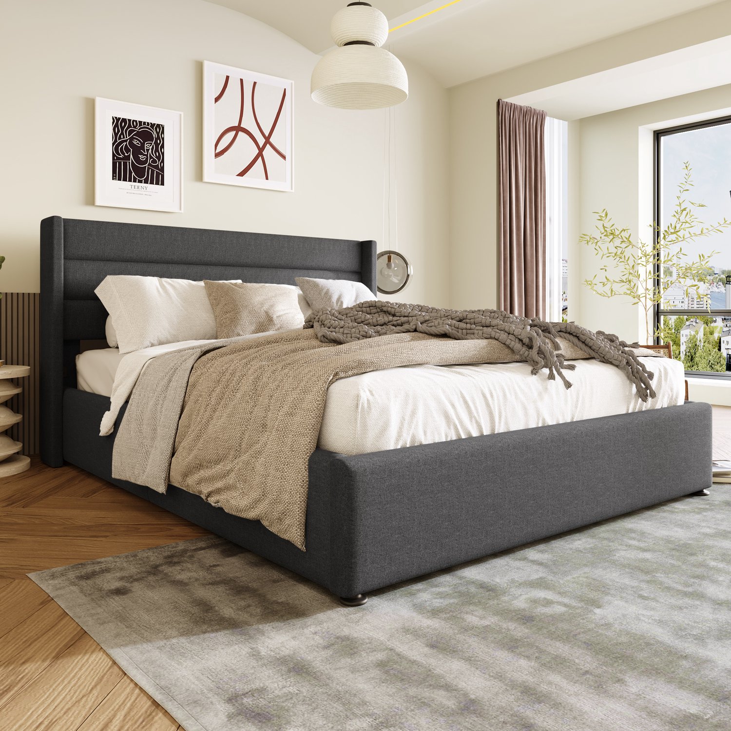 MUVANO Bed met opbergruimte 180x200 - Tweepersoonsbed - Hydraulisch opklapbaar - Linnen bekleding en metalen frame - Met hoofdbord - Slaapkamer grijs