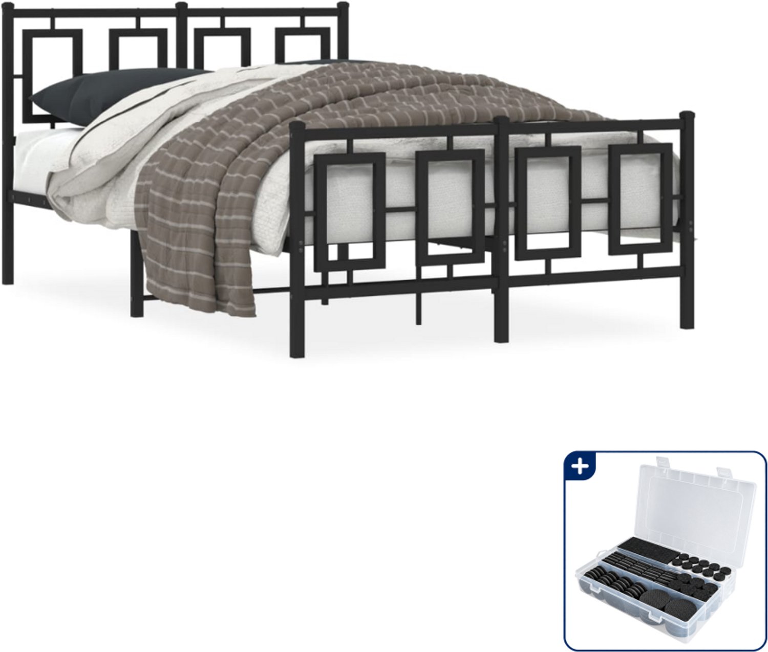 vidaXL bedframe met hoofd- en voeteneinde - 120 x 190 cm - zwart - Inclusief antikrasvilt 177-delig