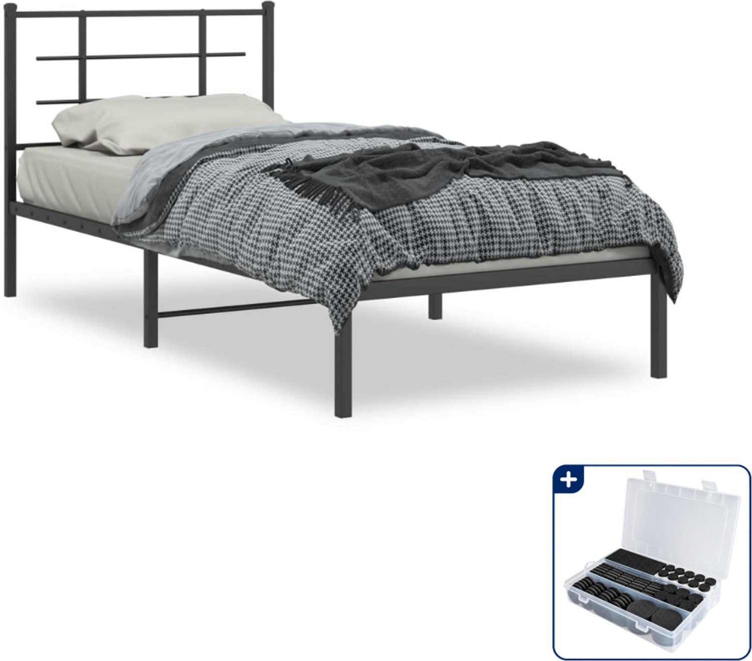 vidaXL bedframe met hoofdbord - 90 x 190 cm - staal - zwart - Inclusief antikrasvilt 177-delig