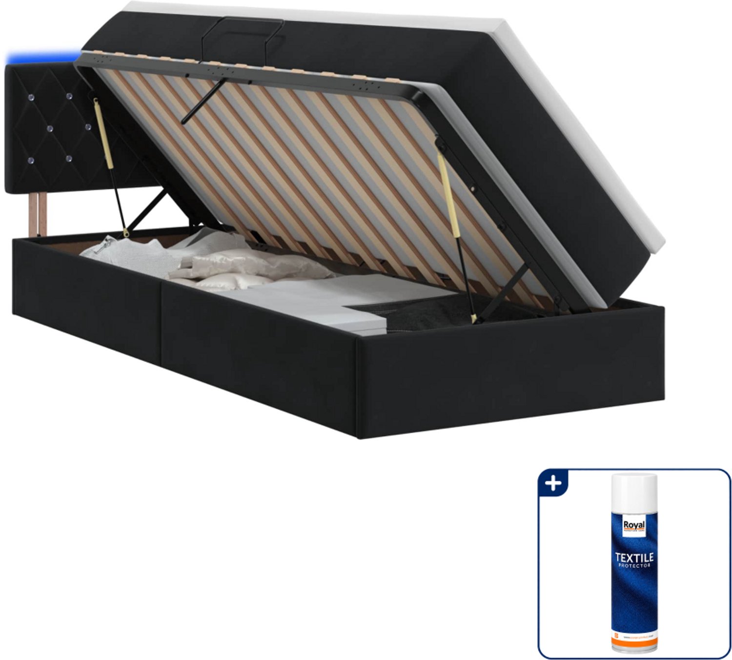 vidaXL led opslagbed met matras - 90 x 200 cm - fluweel - zwart - Inclusief textielbeschermer 500 ml