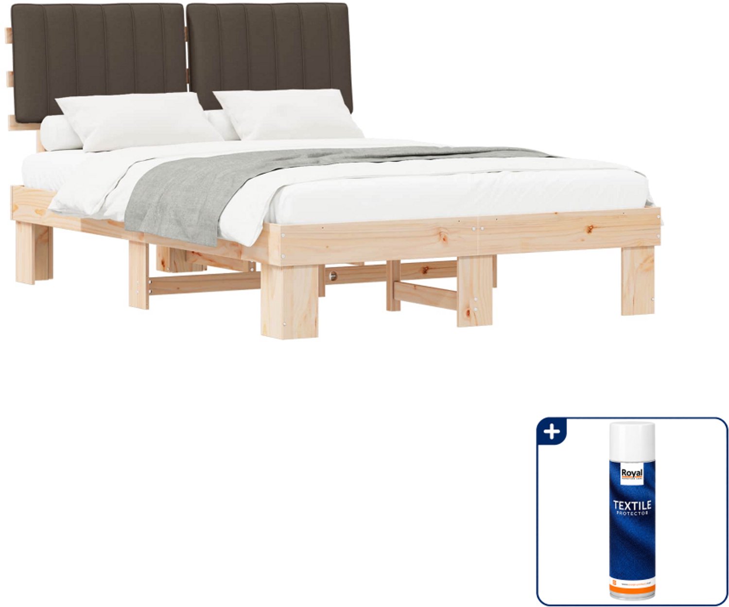 vidaXL bedframe - 135 x 190 cm - massief grenenhout - taupe - Inclusief textielbeschermer 500 ml