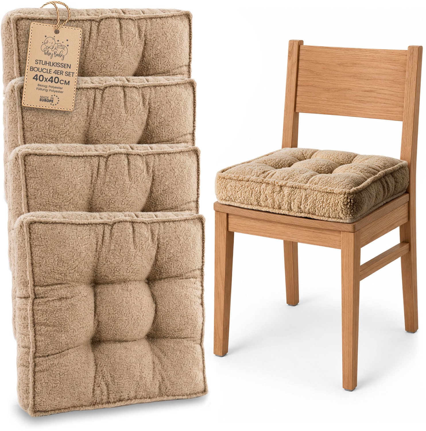 Amazinggirl Zitkussen voor Eetkamerstoel en Keukenstoel Vierkant Zacht Beige Bouclé (4 stuks)