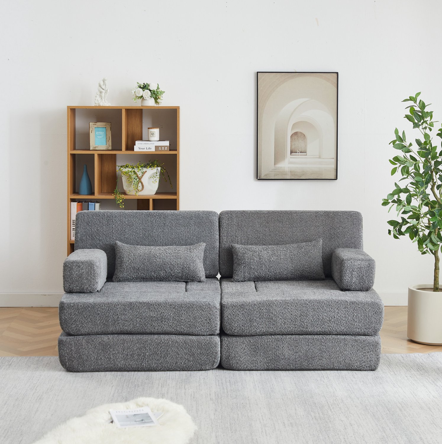 MODENUIT Slaapbank 182 x 90 x 80 cm - Modulair en Opvouwbaar - Voor Woon- en Slaapkamer - Chenille - Grijs