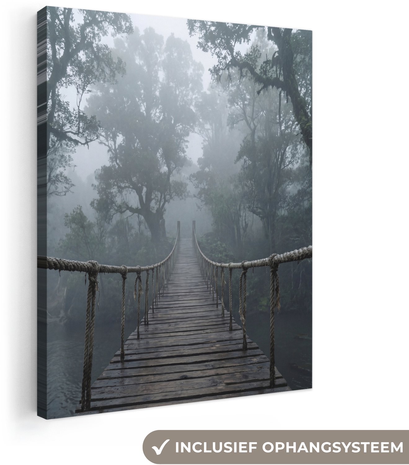 Canvas schilderij 30x40 cm - Exclusieve wanddecoratie Brug - Jungle - Mist - Natuur - Muurdecoratie woonkamer - Slaapkamer decoratie - Kamer accessoires - Schilderijen op canvas