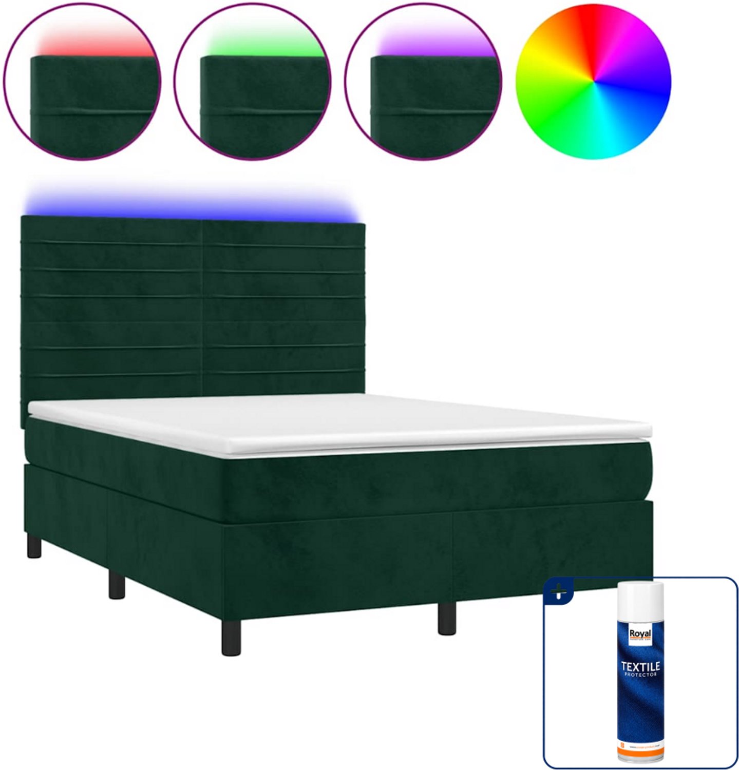 vidaXL Boxspring met matras en LED - 140 x 190 cm - fluweel - donkergroen - Inclusief textielbeschermer 500 ml