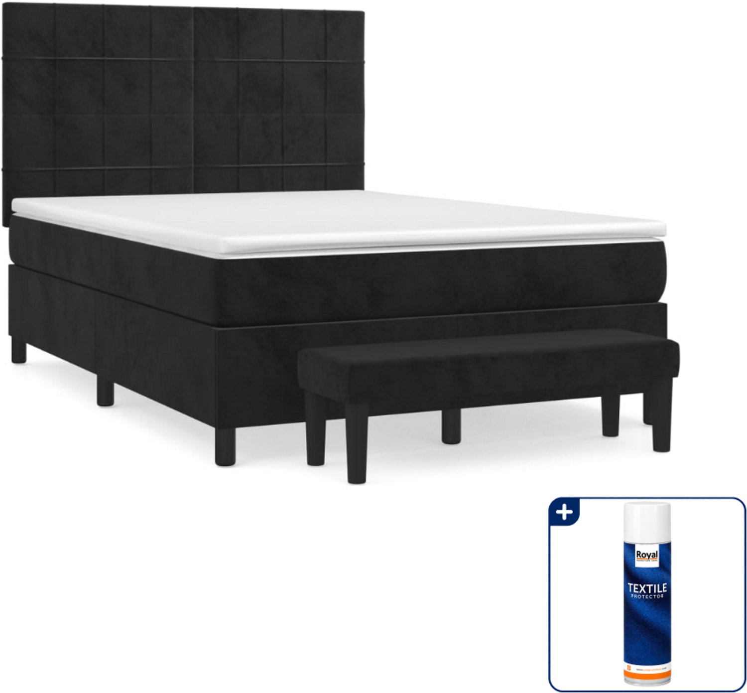 vidaXL boxspring met matras en bank - Small double - zwart - fluweel - Inclusief textielbeschermer 500 ml