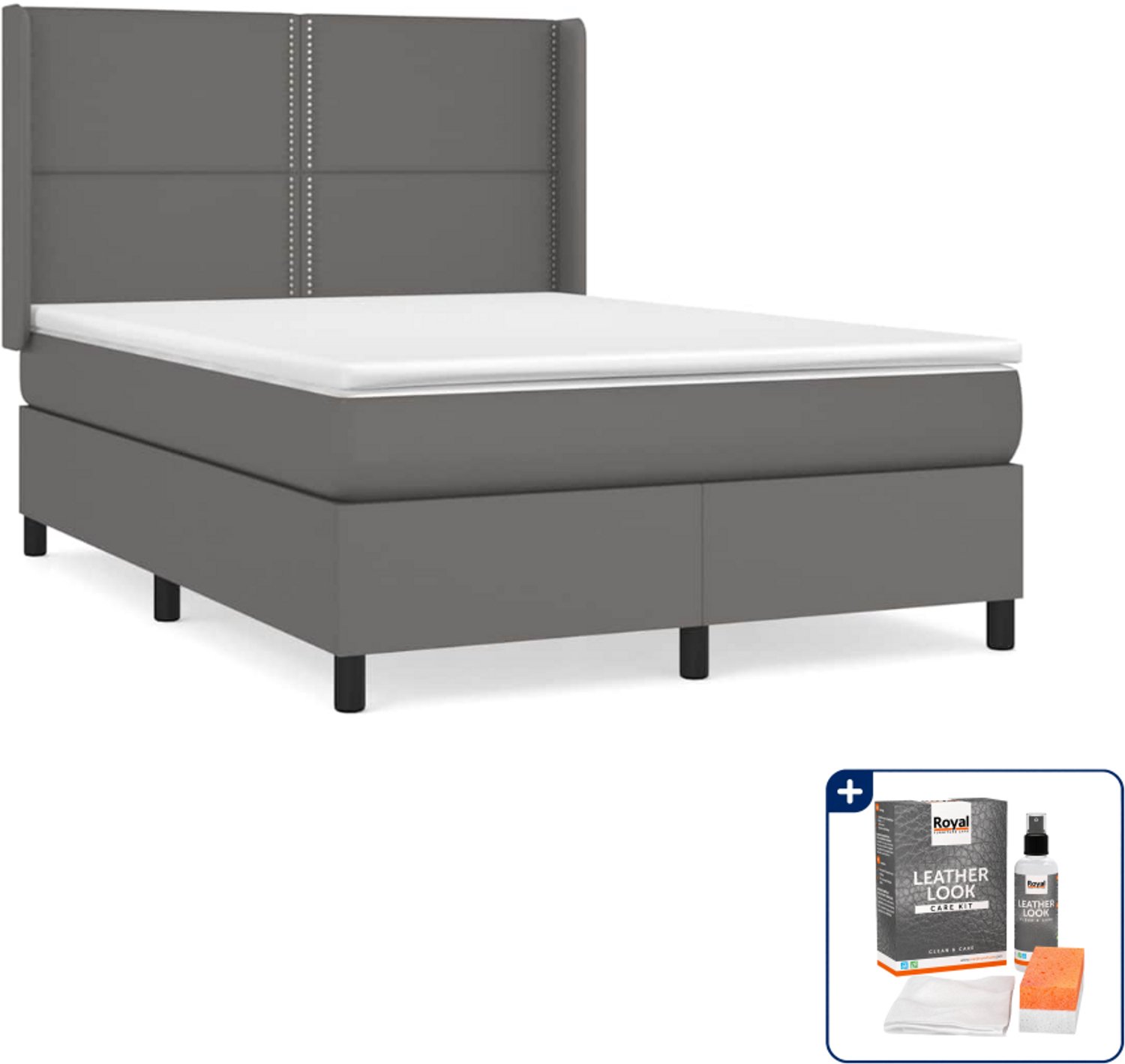 vidaXL boxspring - Small double - 140 x 200 cm - grijs - Inclusief onderhoudsset voor kunstleer 150 ml