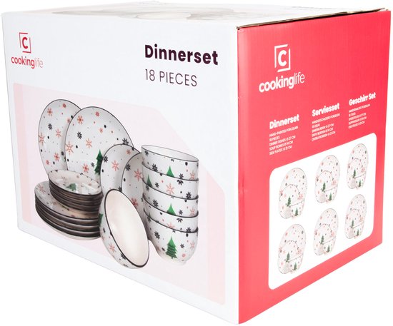 Verpakking van Cookinglife 18-delige serviesset met kerstprint. Bevat afbeeldingen van borden en kommen.