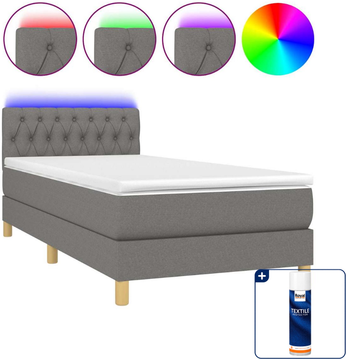 vidaXL boxspring met matras en led - 90 x 190 cm - donkergrijs - Inclusief textielbeschermer 500 ml