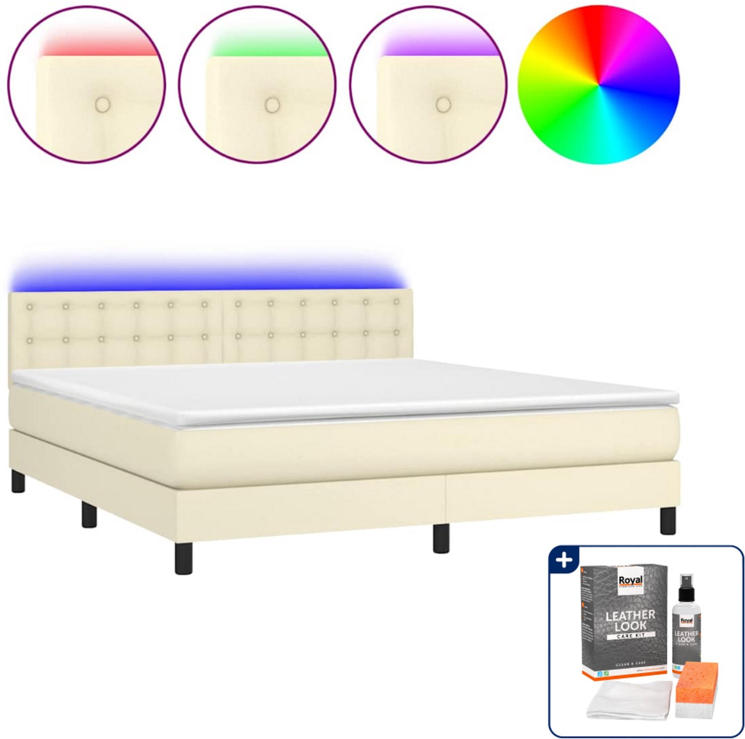 vidaXL Queensize boxspring met matras en LED - kunstleer - crème - Inclusief onderhoudsset voor kunstleer 150 ml