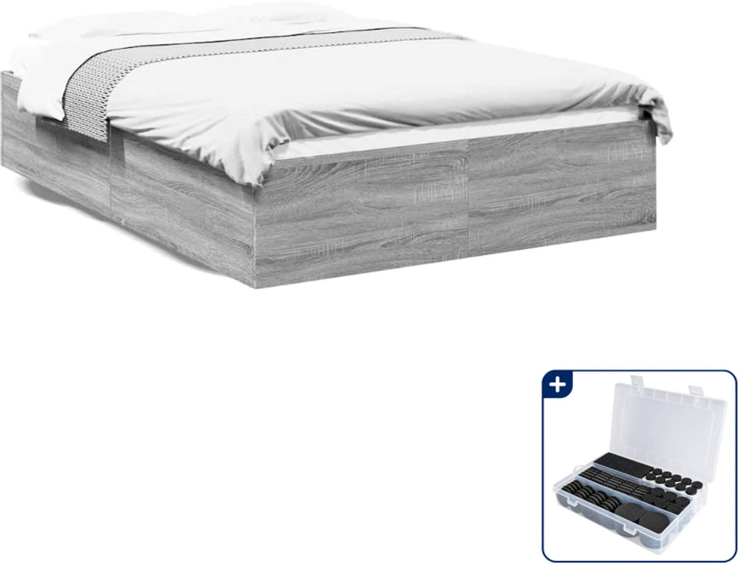 vidaXL Bedframe - 135 x 190 cm - bewerkt hout - grijs sonoma eiken - Inclusief antikrasvilt 177-delig