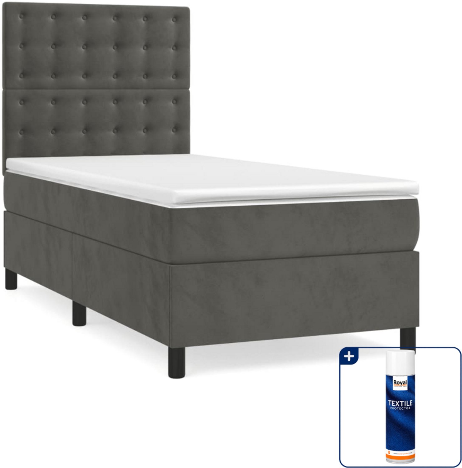 vidaXL boxspring met matras 90 x 190 cm - fluweel - donkergrijs - Inclusief textielbeschermer 500 ml