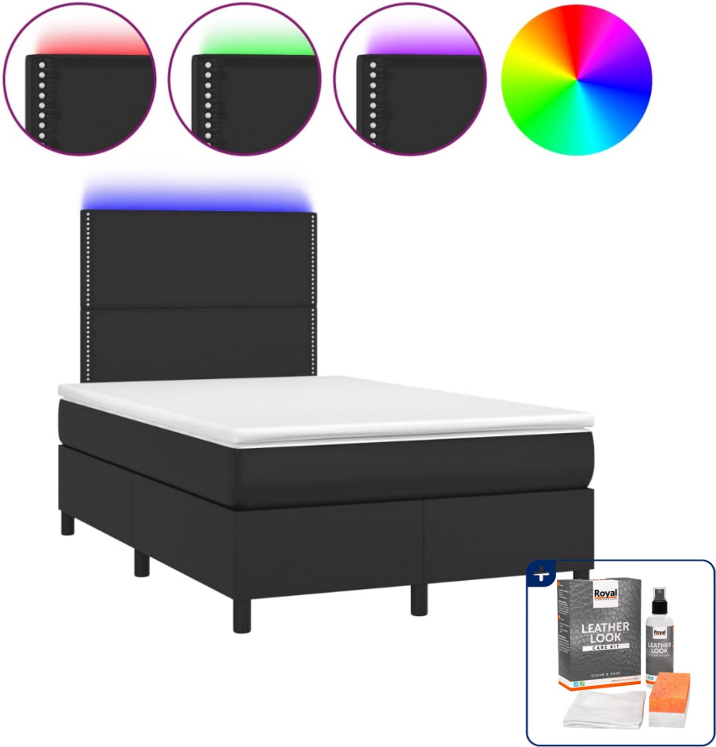vidaXL boxspring met matras en led - 120 x 200 cm - kunstleer - zwart - Inclusief onderhoudsset voor kunstleer 150 ml