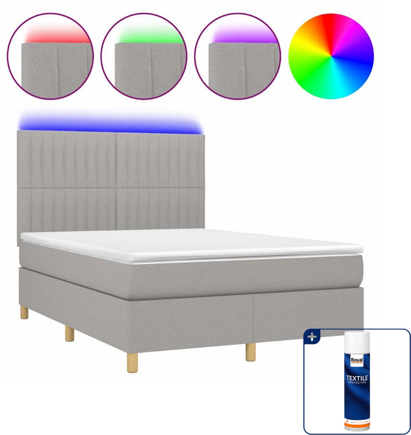 vidaXL boxspring met matras en led - 140 x 190 cm - lichtgrijs - Inclusief textielbeschermer 500 ml
