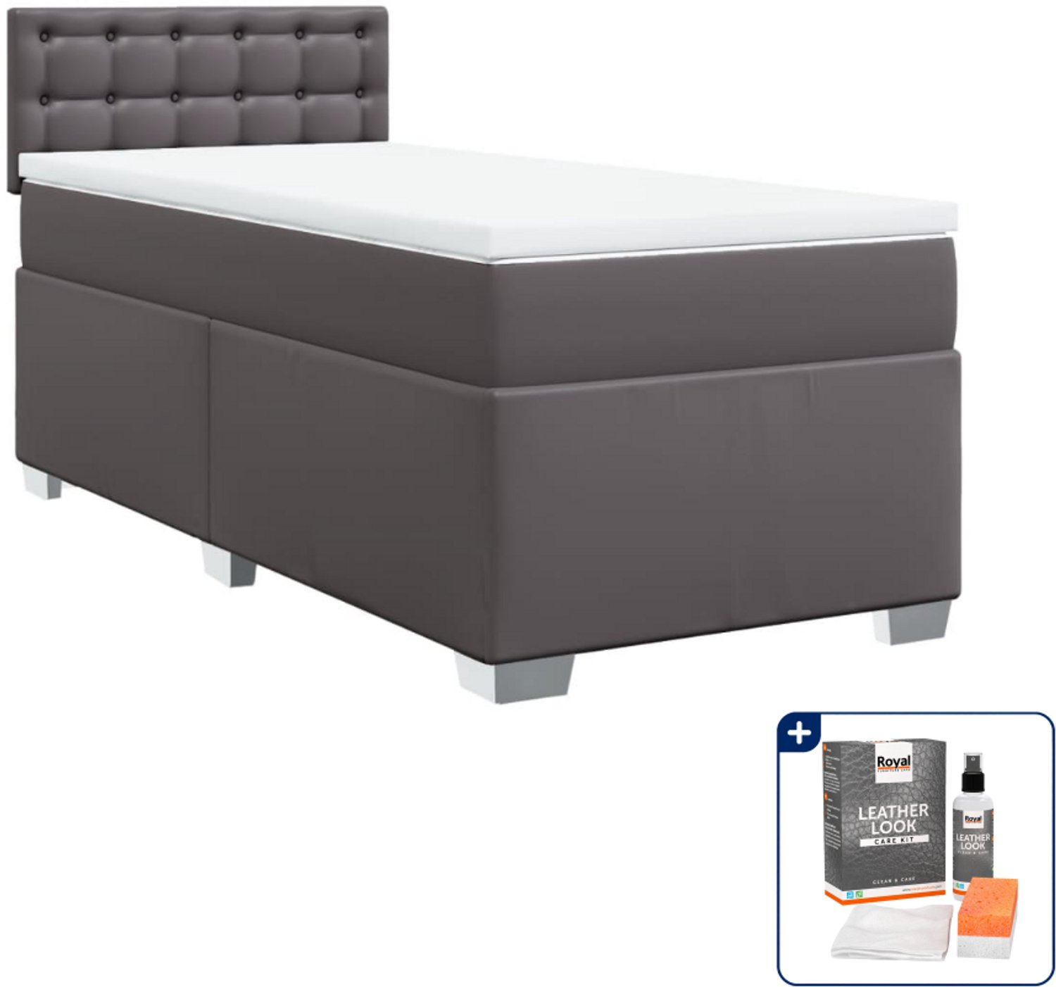 vidaXL boxspring met matras - 100 x 200 cm - kunstleer - grijs - Inclusief onderhoudsset voor kunstleer 150 ml