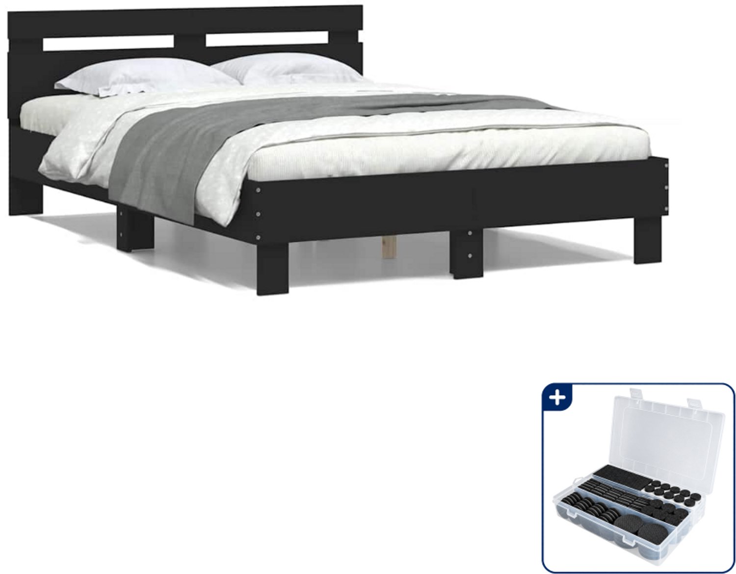 vidaXL Bedframe - 120 x 200 cm - bewerkt hout - zwart - Inclusief antikrasvilt 177-delig