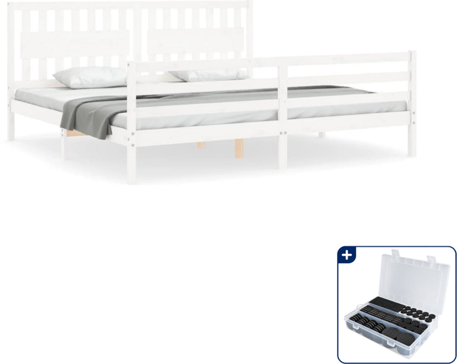 vidaXL Bedframe met hoofdbord - 200 x 200 cm - massief grenenhout - wit - Inclusief antikrasvilt 177-delig