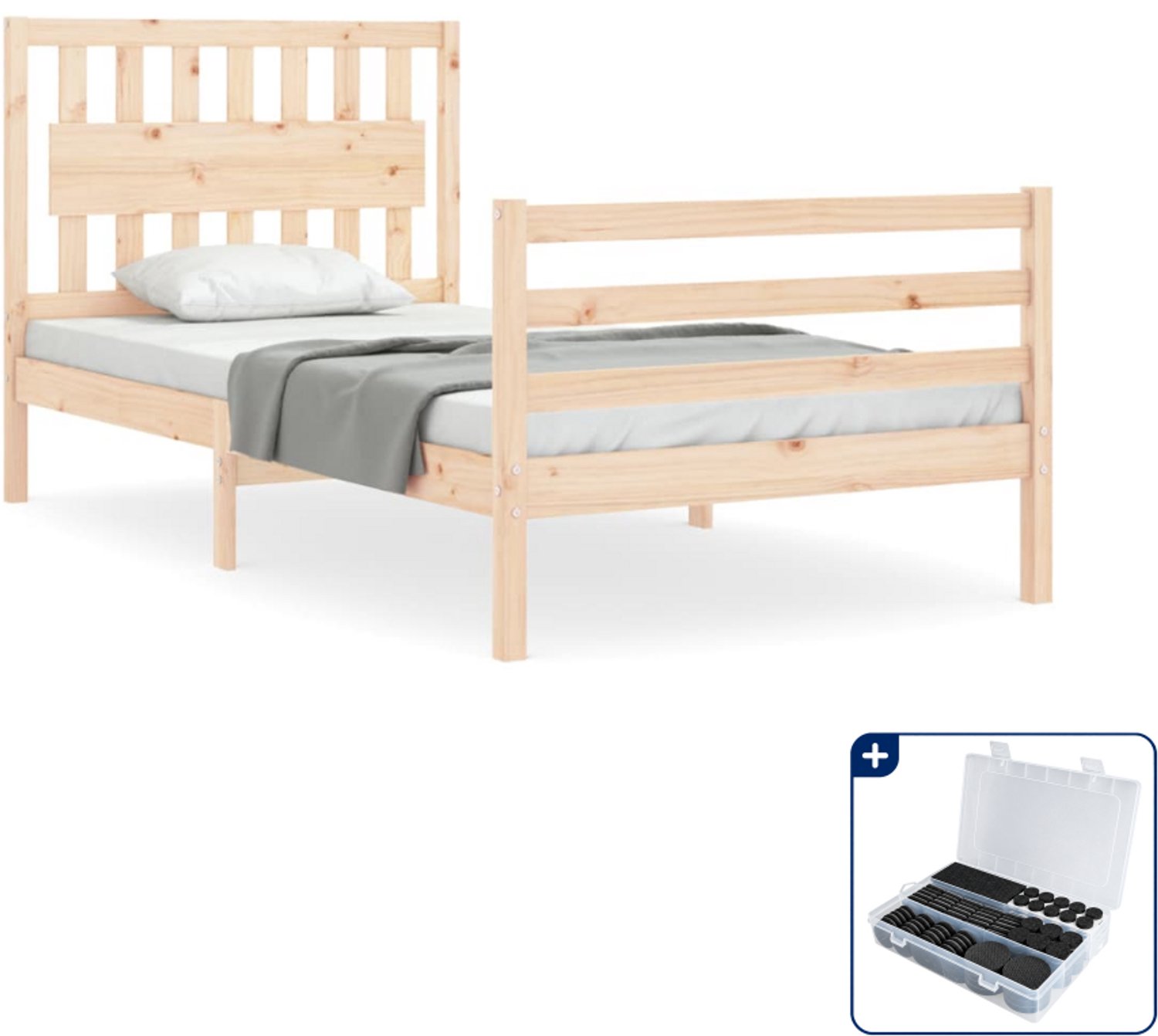 vidaXL bedframe met hoofdbord - 100 x 200 cm - massief grenenhout - Inclusief antikrasvilt 177-delig Bruin