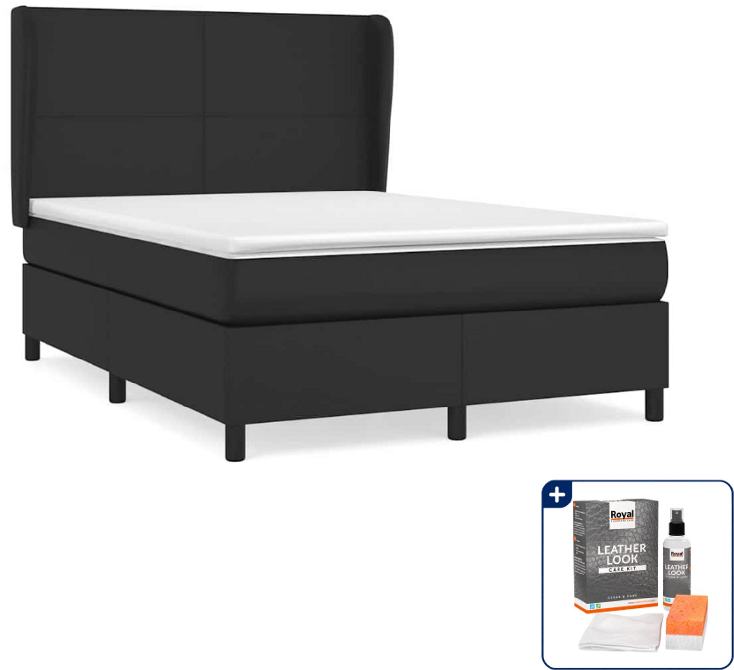 vidaXL boxspring met matras - Small double - 140 x 200 cm - zwart - Inclusief onderhoudsset voor kunstleer 150 ml