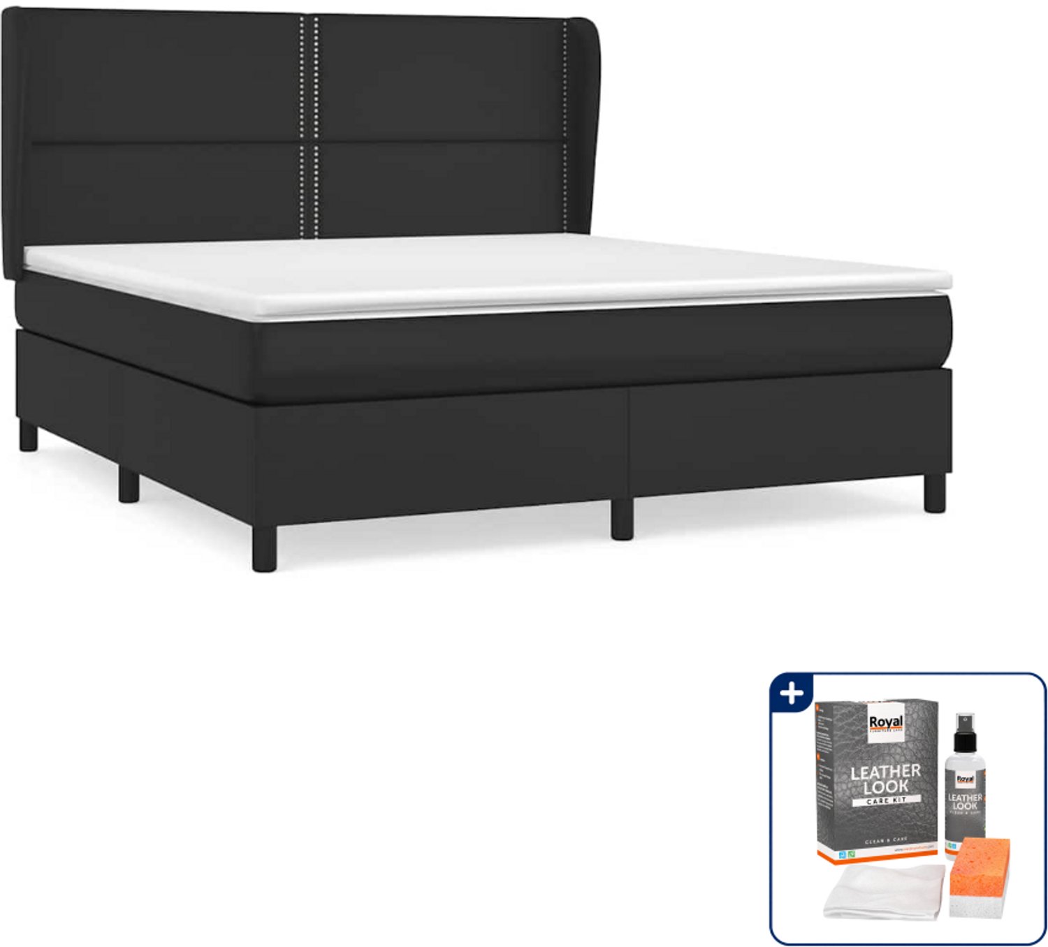 vidaXL Boxspring Kingsize - 180 x 200 cm - kunstleer - zwart - Inclusief onderhoudsset voor kunstleer 150 ml