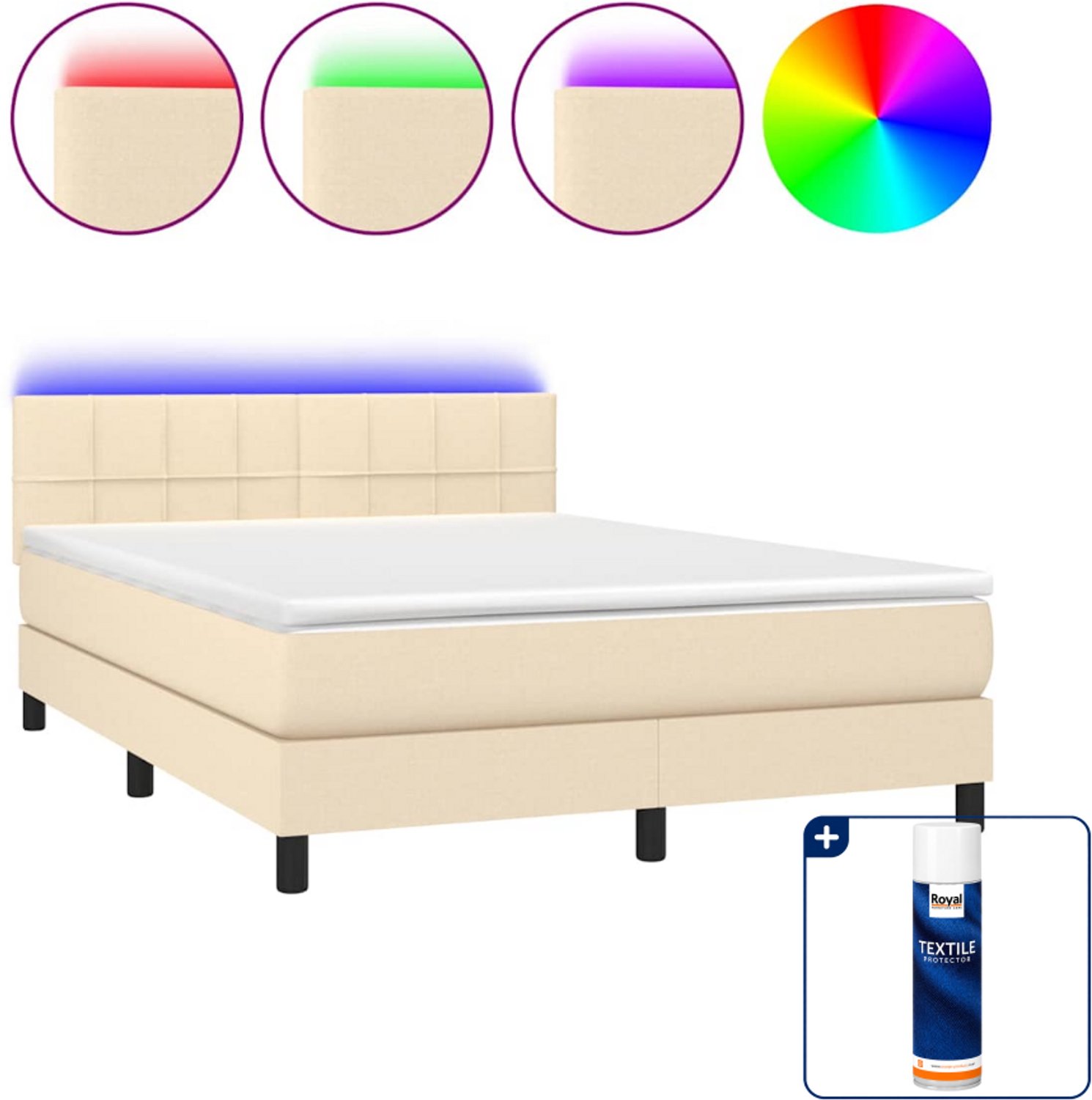 vidaXL Boxspring met matras en LED - 140 x 190 cm - crème - Inclusief textielbeschermer 500 ml