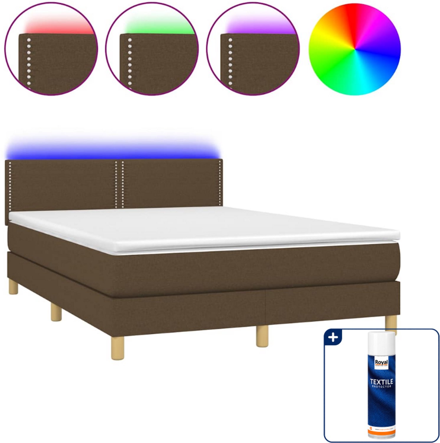 vidaXL boxspring met matras en led - 140 x 190 cm - donkerbruin - Inclusief textielbeschermer 500 ml