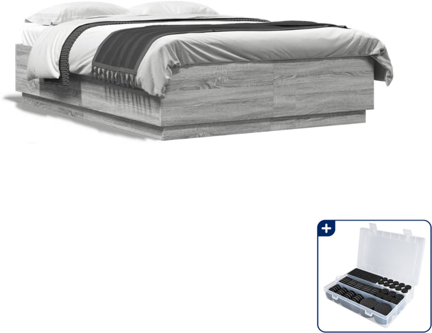 vidaXL bedframe - 120 x 200 cm - bewerkt hout - grijs sonoma eiken - Inclusief antikrasvilt 177-delig Zwart