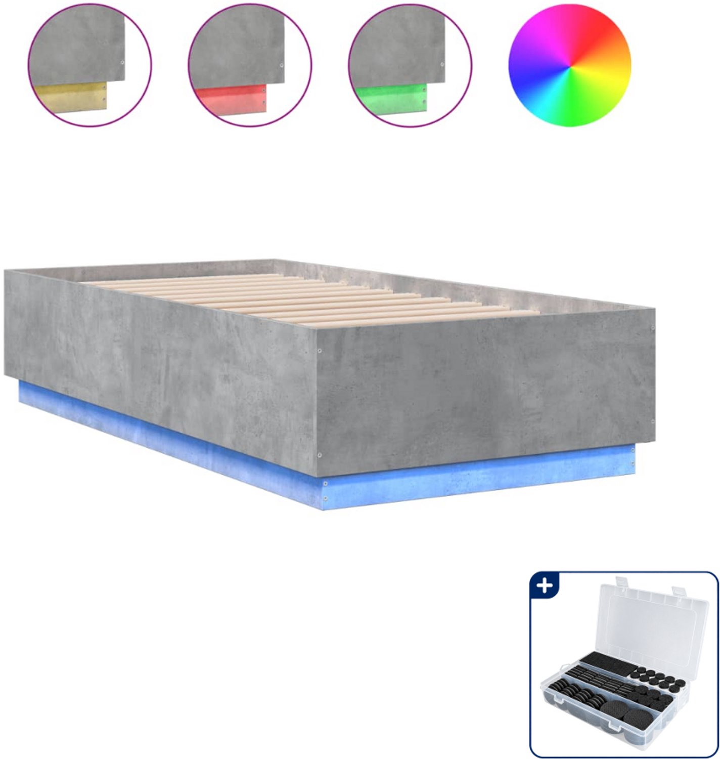 vidaXL bedframe met LED - 90 x 190 cm - bewerkt hout - betongrijs - Inclusief antikrasvilt 177-delig Zwart