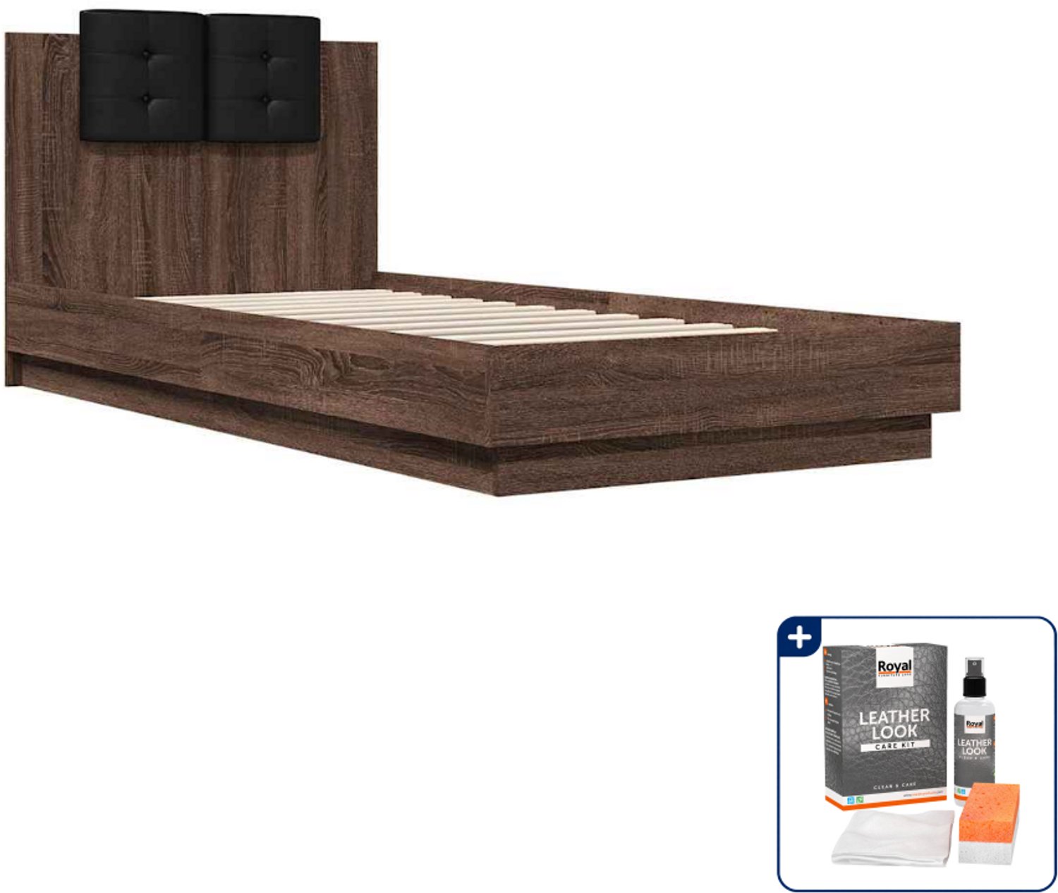 vidaXL bedframe - 90 x 200 cm - bewerkt hout - bruin eiken - Inclusief onderhoudsset voor kunstleer 150 ml Wit