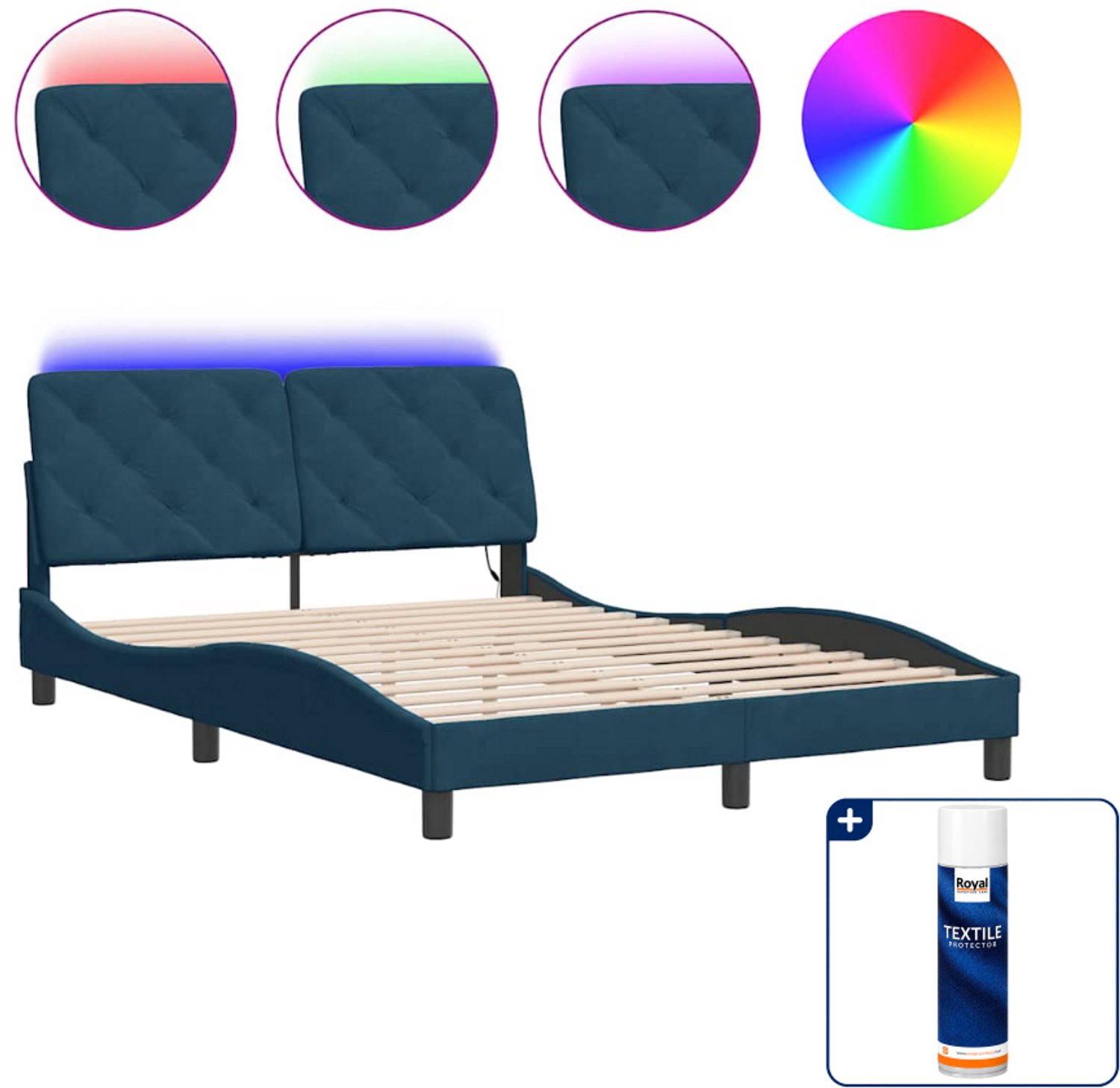 vidaXL bedframe met LED - 140 x 190 cm - fluweel - blauw - Inclusief textielbeschermer 500 ml