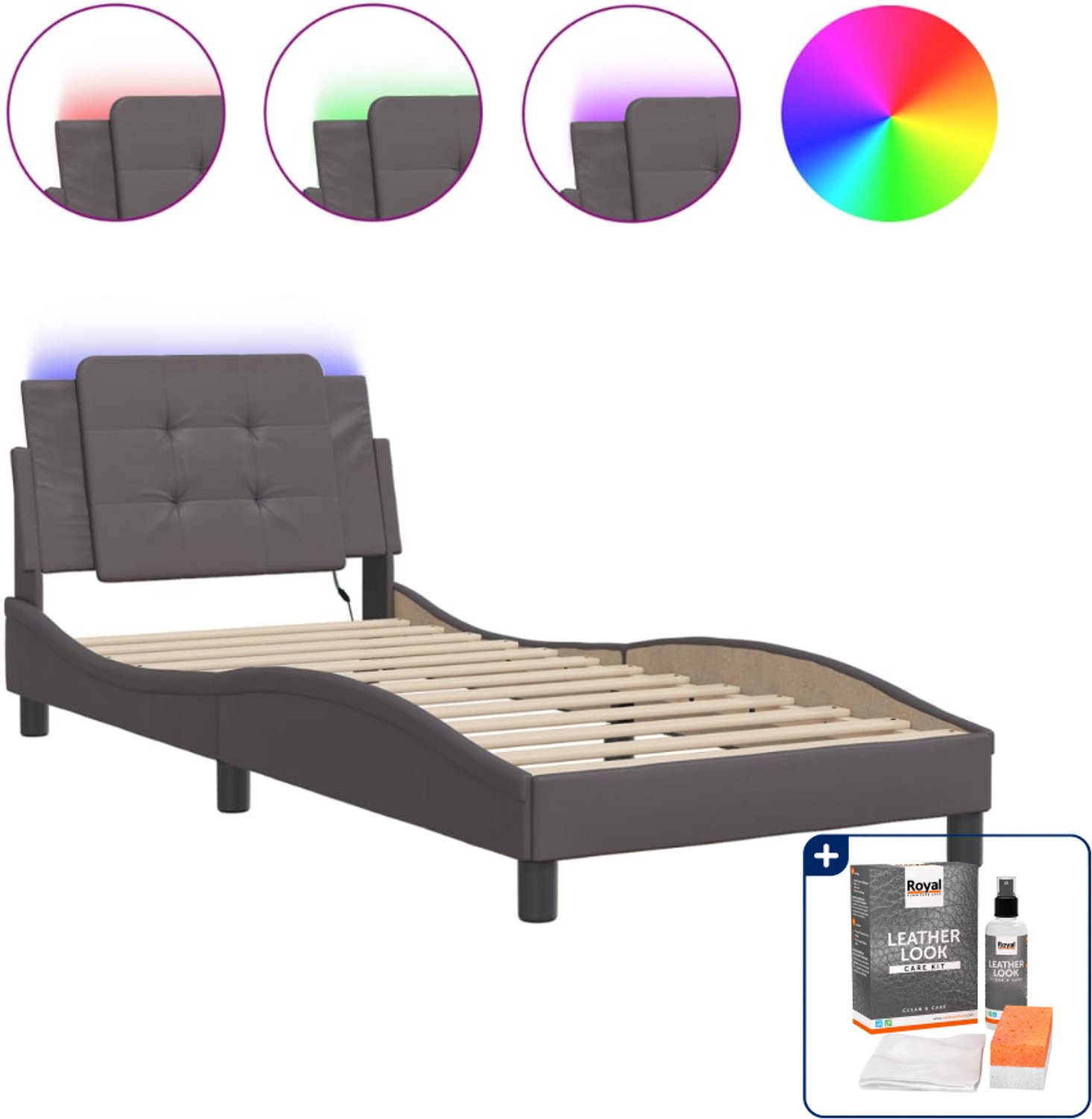 vidaXL Zadar bedframe met LED - 80 x 200 cm - grijs - Inclusief onderhoudsset voor kunstleer 150 ml