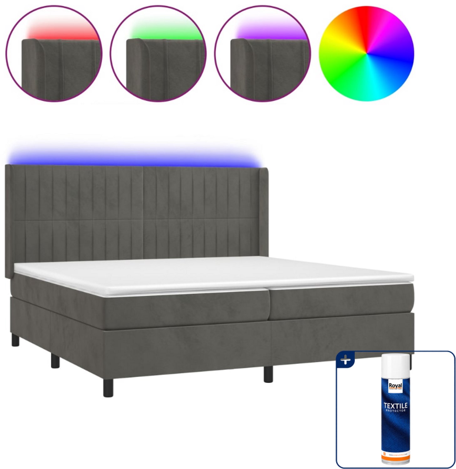 vidaXL Boxspring met matras en LED - 200 x 200 cm - fluweel - donkergrijs - Inclusief textielbeschermer 500 ml