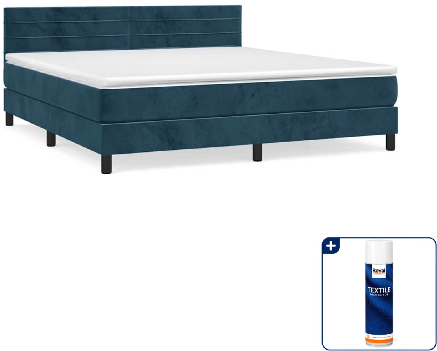 vidaXL boxspring met matras Kingsize - 180 x 200 cm - fluweel - donkerblauw - Inclusief textielbeschermer 500 ml