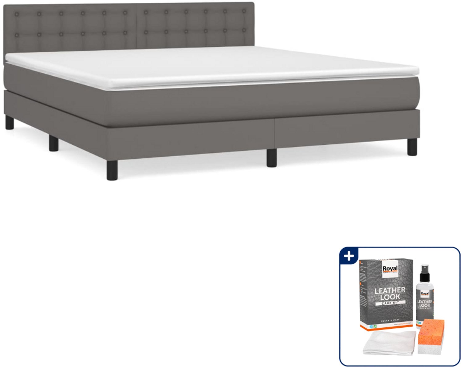 vidaXL boxspring met matras - Queensize - 160 x 200 cm - grijs - Inclusief onderhoudsset voor kunstleer 150 ml