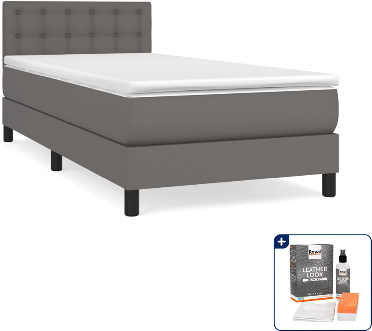 vidaXL boxspring met matras 90 x 190 cm - kunstleer - grijs - Inclusief onderhoudsset voor kunstleer 150 ml